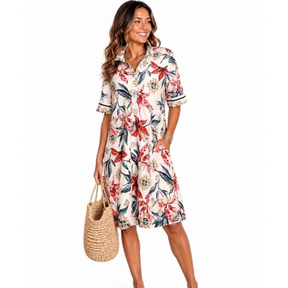 Chico's Floral Linen Popover Shirt Dress Size 1.5~M (10) Tropical Summer White